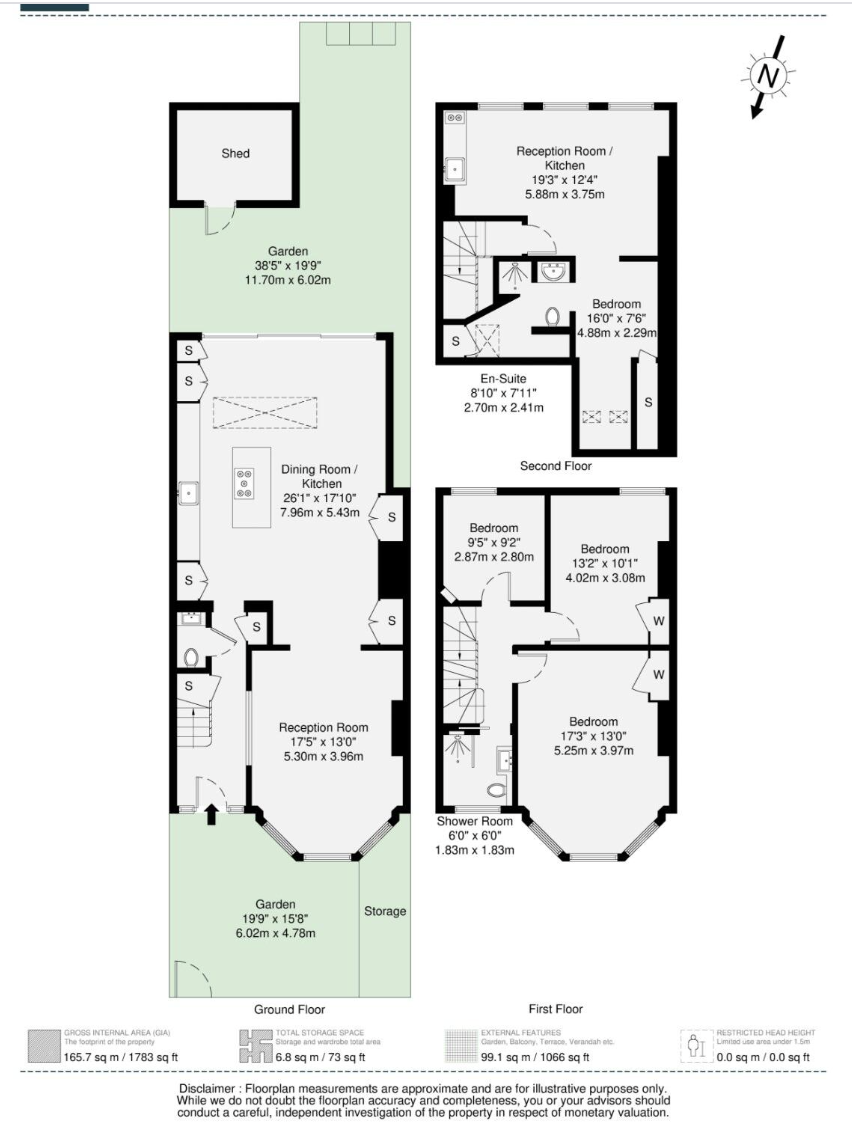 Estate agent floor plan showing the front entrance, ground floor reception, kitchen and dining space opening to the rear garden, and first floor bedrooms and shower room. The second floor is private and unavailable for shoots.